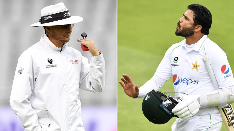 Umpire Richard Kettleborough signals that play is abandoned (pictured left) Pakistan's Azhar Ali leaves the field.