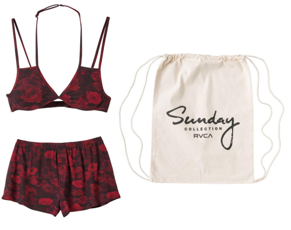 <p>Rose Park Bra and Short Pack, $60, <a rel="nofollow noopener" href="https://www.rvca.com/shop/product/womens-loungewear/rose-park-bra-short?color=WIN." target="_blank" data-ylk="slk:rvca.com;elm:context_link;itc:0;sec:content-canvas" class="link "><u>rvca.com</u></a>.</p>