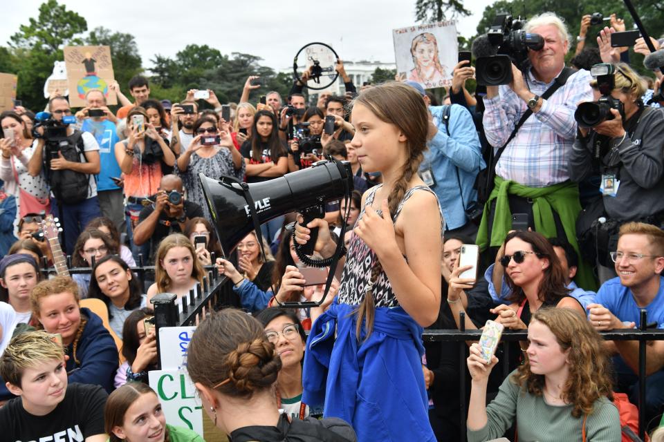 Greta Thunberg speaks at a climate protest outside the White House. (Photo: NICHOLAS KAMM via Getty Images)