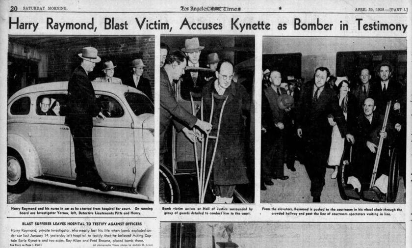 Clipping of April 1938 newspaper page showing photographs of the day Harry Raymond testified in court.