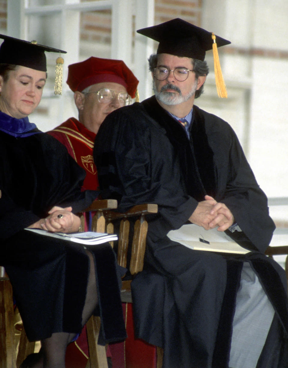 <p>In 1994, Lucas — who graduated from the University of Southern California in 1967 — attended the school's 111th commencement ceremony, where he and pal and director, Steven Spielberg (not pictured) were honored. </p>