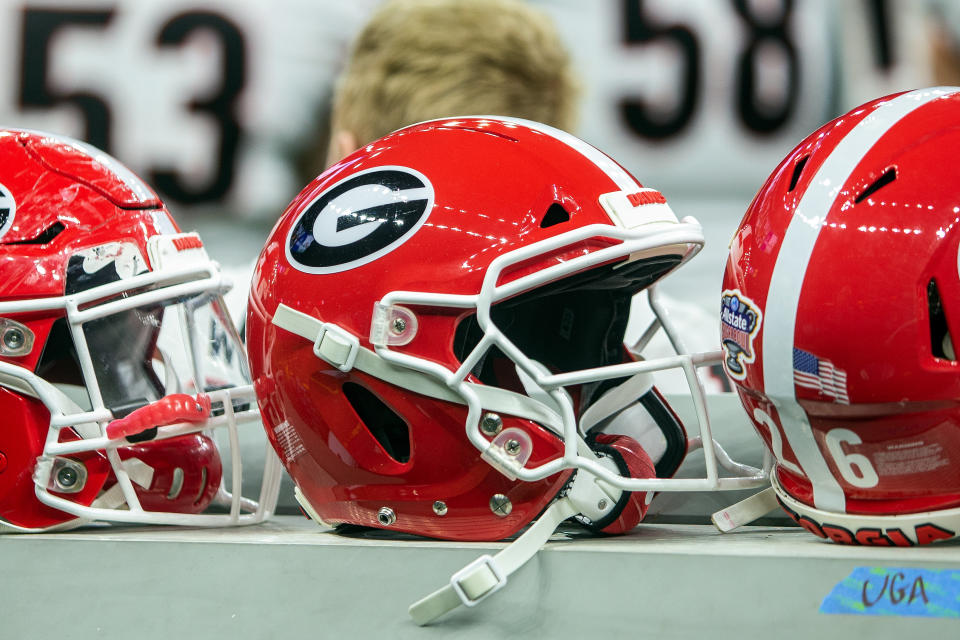 NEW ORLEANS, LA - JANUARY 01: Georgia Bulldogs helmets rest on the sideline during the Sugar Bowl game between the Georgia Bulldogs and the Baylor Bears on January 01, 2020, at the Mercedez-Benz Superdome in New Orleans, Louisiana. (Photo by John Korduner/Icon Sportswire via Getty Images)