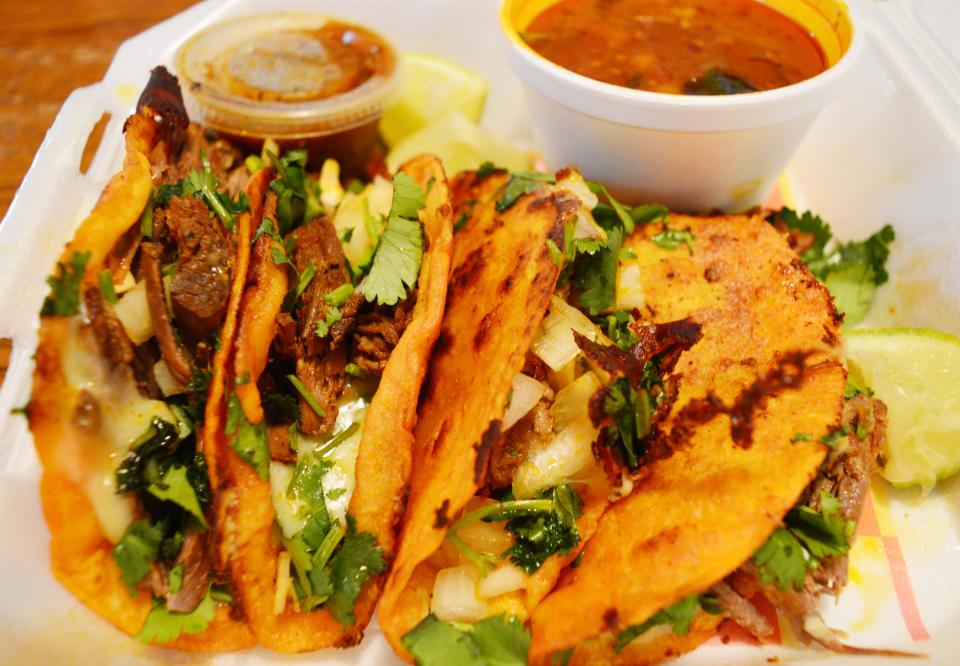 Street tacos are one of the options at El Compa Taqueria inside the Shell gas station on Ind. 46. Here is a selection of al pastor, barbacoa, carne asada and carnita tacos, shown on Feb. 16, 2024. The shop also offers chicken as well as birria tacos.