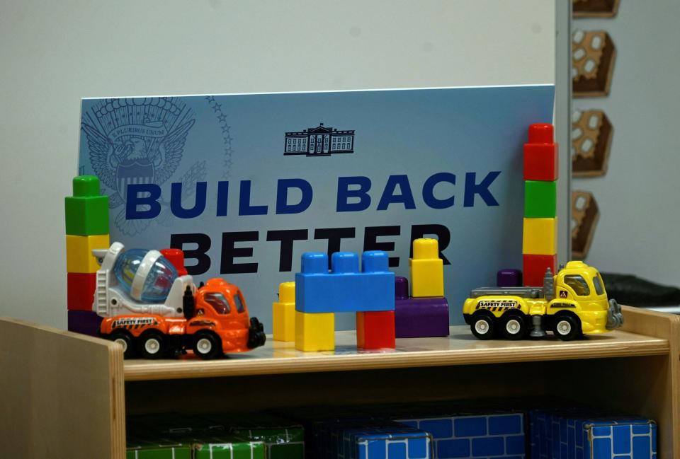 A "Build Back Better" sign sits in a pre-K classroom as President Joe Biden talks to students during a visit to East End Elementary School in North Plainfield on Monday to promote his "Build Back Better" agenda.