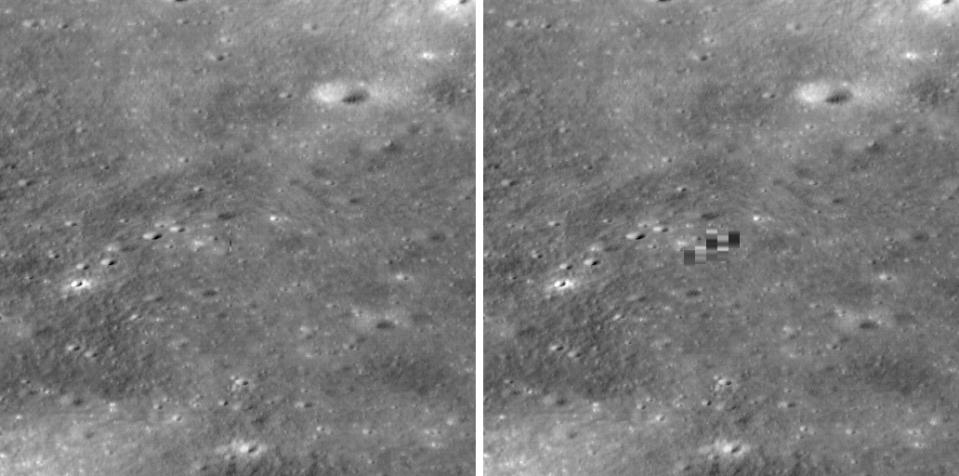 Side by side photos show glimpses of South Korea's Danuri spacecraft as pixelated smears in photos photos from NASA's LRO.