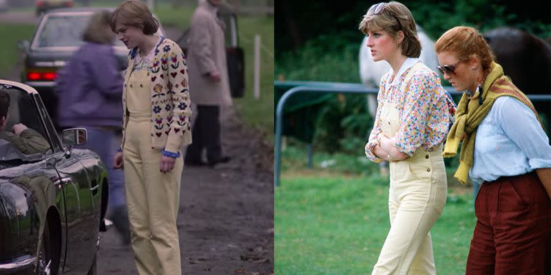 <p>Diana wore pale yellow dungarees with a floral button-down when she reconnected with Prince Charles on the show. In real life, Diana wore a very similar look, but it was after she and Charles were already an item. </p>