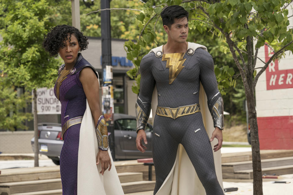 This image released by Warner Bros. Pictures shows Meagan Good, left, and Ross Butler in a scene from "Shazam! Fury of the Gods." (Warner Bros. Pictures via AP)