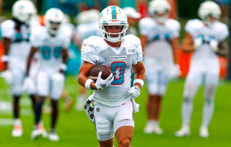 Miami Dolphins wide receiver Braxton Berrios (0) participates in a drill during NFL football training camp at Baptist Health Training Complex in Hard Rock Stadium on Tuesday, August 1, 2023 in Miami Gardens, Florida.