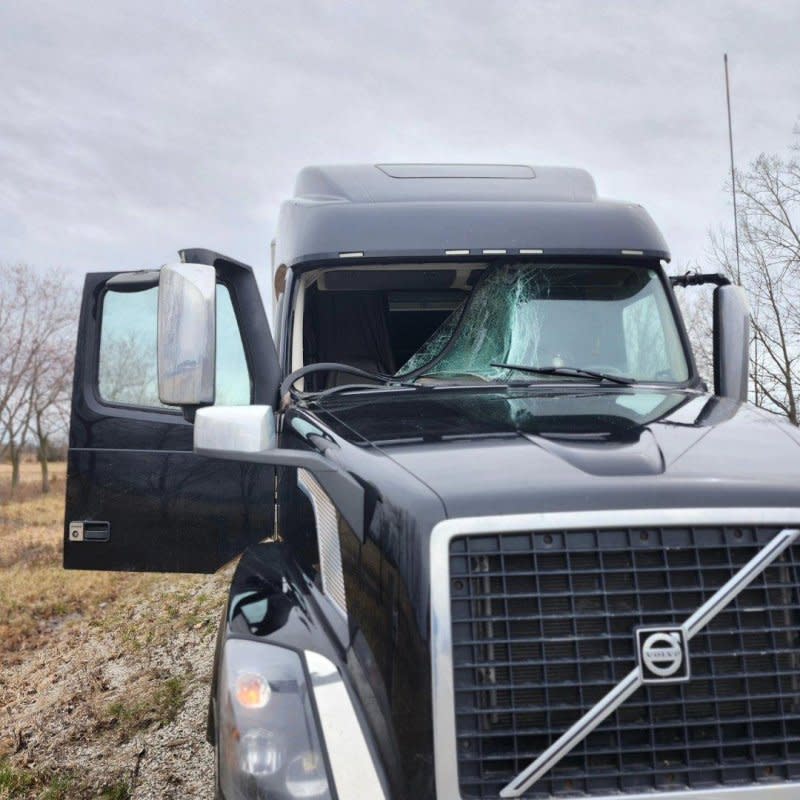 A turkey crashed through the windshield of a truck on Highway 3 in Kingsville, Ontario. Both the turkey and truck driver were uninjured. Photo courtesy of @OPP_WR/Twitter