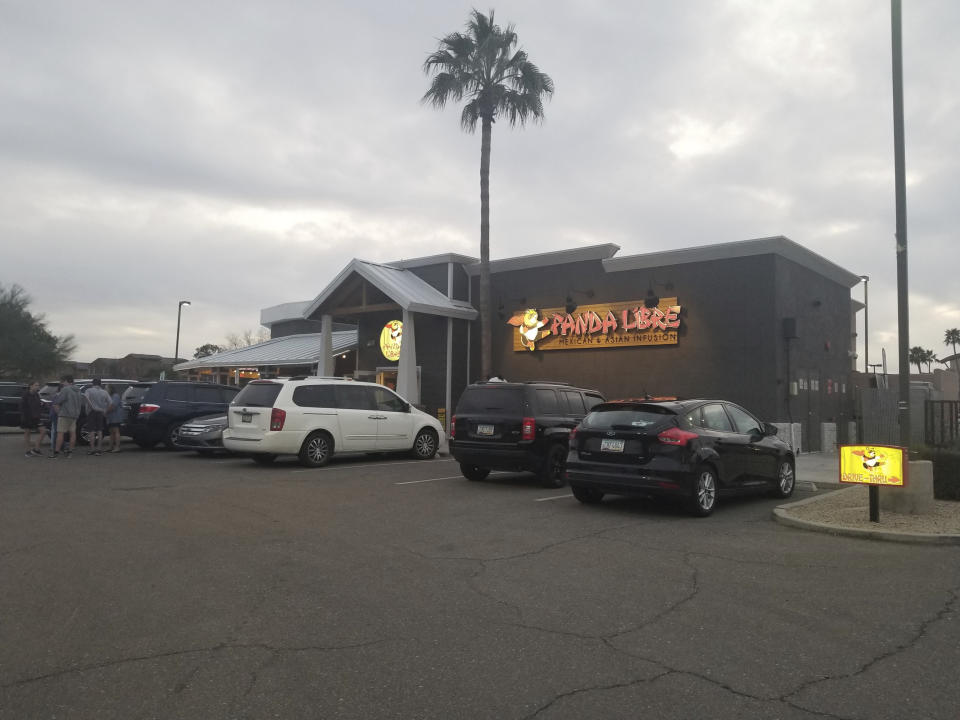 This Feb. 27, 2020 photo shows Panda Libre, an Asian-Mexican fusion restaurant, in Gilbert, Ariz. Getting a trademark for the new name can lead to ugly and sometimes public clashes over ownership and cultural appropriation. In recent years, businesses have butted heads over whether a restaurant or food truck can legally own the right to use words rooted in Asian American Pacific Islander cultures like “aloha" and “poke.” (AP Photo/Terry Tang)