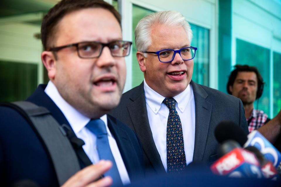 Attorneys for Adam Fox and Barry Croft, Joshua Blanchard and Christopher Gibbons speak to the media after Croft and Adam were found guilty on all charges in the Whitmer kidnapping plot Tuesday, Aug. 23, 2022, at the Gerald R. Ford Federal Building in downtown Grand Rapids.