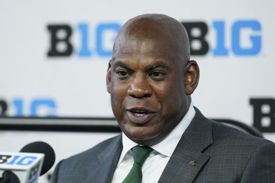 Michigan State head coach Mel Tucker talks to reporters during an NCAA college football news conference at the Big Ten Conference media days, at Lucas Oil Stadium, Wednesday, July 27, 2022, in Indianapolis. (AP Photo/Darron Cummings)