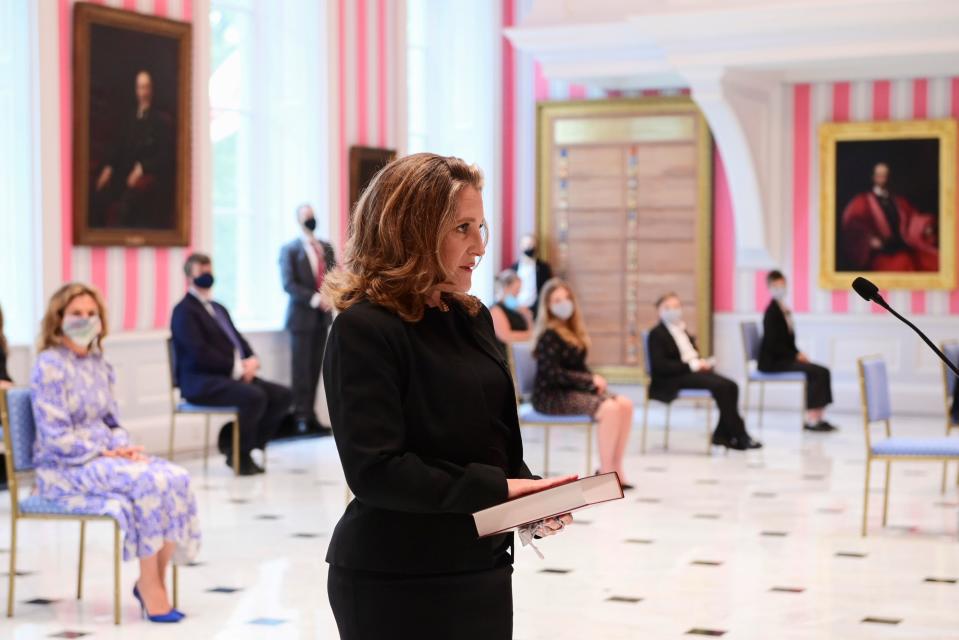 Chrystia Freeland is sworn in as Canada's Finance Minister during a cabinet shuffle at Rideau Hall August 18, 2020 in Ottawa. - Prime Minister Justin Trudeau tapped Chrystia Freeland to be Canada's first female finance minister on Tuesday as an ethics scandal that clipped her predecessor's wings reverberates through the government. Freeland received a standing ovation after being sworn in at a small ceremony at Rideau Hall, the official residence of Governor General Julie Payette in Ottawa. (Photo by Sean KILPATRICK / POOL / AFP) (Photo by SEAN KILPATRICK/POOL/AFP via Getty Images)