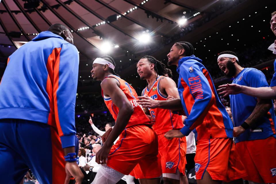 Thunder guard Shai Gilgeous-Alexander (2) reacts with teammates after making a basket in the final minute of OKC's 113-112 win against the Knicks on Sunday night at Madison Square Garden.