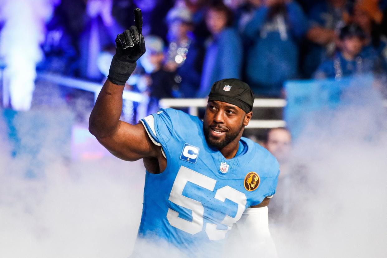Detroit Lions defensive end Charles Harris is introduced before the Green Bay Packers game at Ford Field in Detroit on Thursday, Nov. 23, 2023.