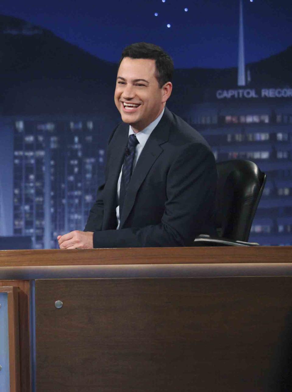 This July 25, 2012 photo released by ABC shows Jimmy Kimmel hosting his late night show "Jimmy Kimmel Live," in the Hollywood section of Los Angeles. ABC says it's moving "Jimmy Kimmel Live" into the thick of the late-night fight against Jay Leno and David Letterman. Starting in January, Kimmel's talk show will take over the 11:35 p.m. time slot long held by the news magazine "Nightline," ABC said Tuesday, Aug. 21. (AP Photo/ABC, Richard Cartwright)