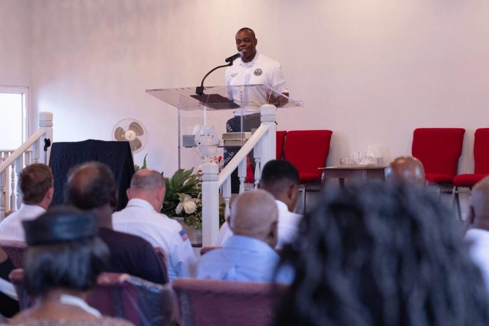 Macon-Bibb district two county commissioner Paul Bronson speaks before the street dedication honoring Pastor Charles Jones inside of Greater Rising Star Full Gospel Tabernacle Church on Tuesday, June 28, 2024, in Macon, Georgia. Jones, who passed away earlier this month, served as the pastor of Greater Rising Star Full Gospel Tabernacle Church for almost 30 years and as a city councilman for 12 years.