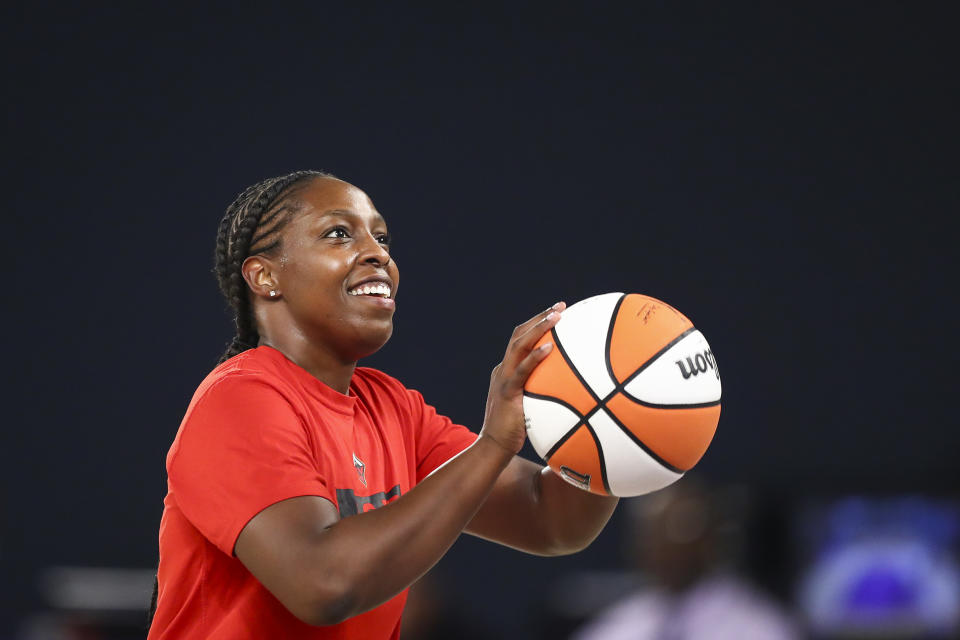 Chelsea Gray of the Las Vegas Aces warms up before a game.