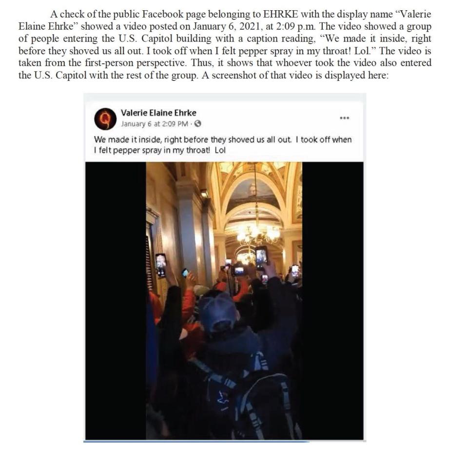 A court filing by an FBI investigator shows images tweeted by Valerie Elaine Ehrke as she entered the Capitol during the Jan. 6, 2021, riot.