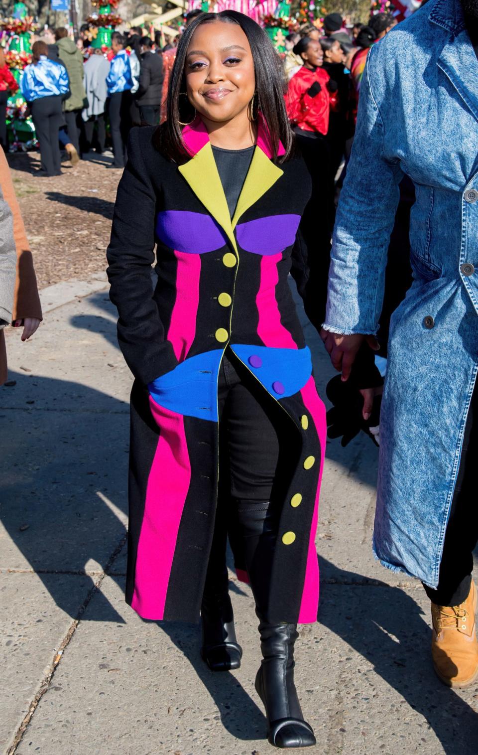 <p>Quinta Brunson has some pops of color on her coat at the 103rd 6abc Dunkin' Donuts Thanksgiving Day Parade in Philadelphia on Nov. 24. </p>