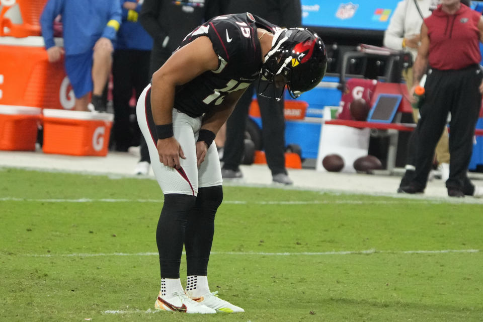 Arizona Cardinals' Matt Ammendola reacts after missing a field goal attempt against the Philadelphia Eagles during the second half an NFL football game, Sunday, Oct. 9, 2022, in Glendale, Ariz. (AP Photo/Rick Scuteri)