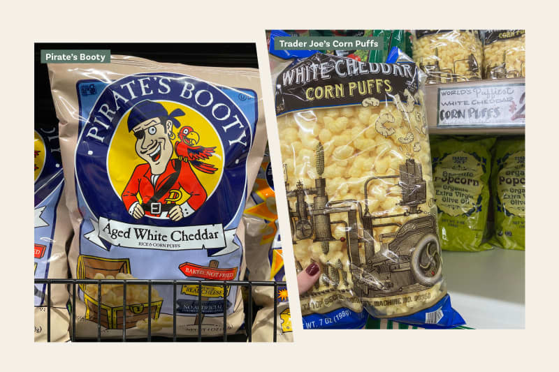 Left: Pirate’s Booty; Right: Trader Joe’s Corn Puffs