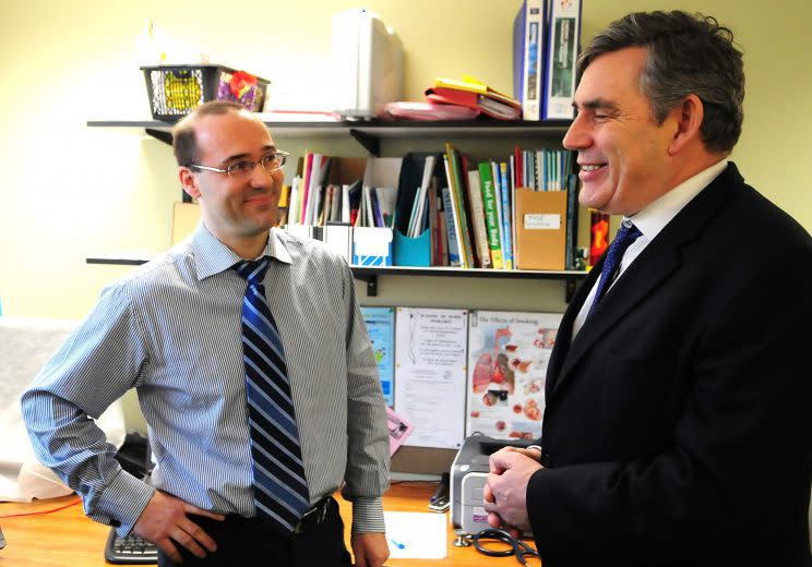 Gordon Brown talks to Dr Jens Rohrbeck during a visit to Greenway Community Practice (SWNS)