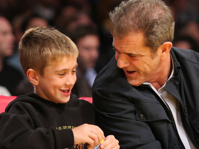 <p>Noel Vasquez/Getty</p> Mel Gibson (R) and his son Thomas Gibson attend the Los Angeles Lakers vs Chicago Bulls game at the Staples Center on November 18, 2007
