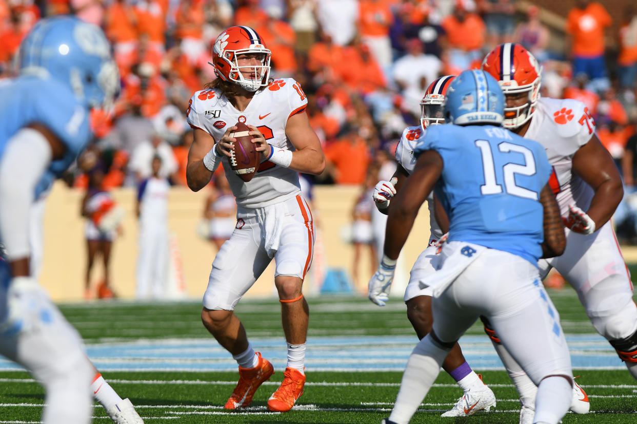 CHAPEL HILL, NC - SEPTEMBER 28: Clemson Tigers quarterback Trevor Lawrence (16) drops back looking to pass in the game between the Clemson Tigers and the North Carolina Tar Heels on September 28, 2019 at Kenen Memorial Stadium in Chapel Hill, NC.(Photo by Dannie Walls/Icon Sportswire via Getty Images)