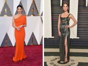 <p>From hot to hotter! Olivia Munn went from one sexy ensemble (an orange one-shoulder dress from Stella McCartney) to another. For the Vanity Far Oscar Party, the <i>X-Men</i> actress put on a green embellished gown that showed a lot more skin.</p><p><i>(Photos: Getty Images)</i></p>