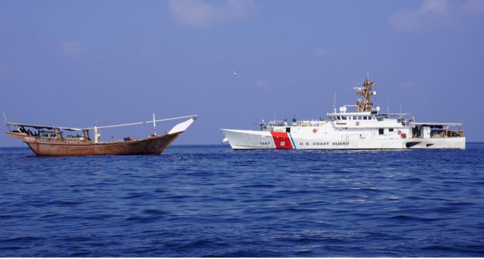 A US Coast Guard vessel seizes advanced conventional weapons and other lethal aid originating in Iran and bound to Houthi-controlled Yemen from a vessel in the Arabian Sea on Jan. 28, 2024.