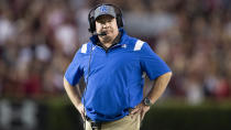 Kentucky head coach Mark Stoops looks on in the first half of an NCAA college football game against South Carolina, Saturday, Sept. 25, 2021, at Williams-Brice Stadium in Columbia, S.C. (AP Photo/Hakim Wright Sr.)