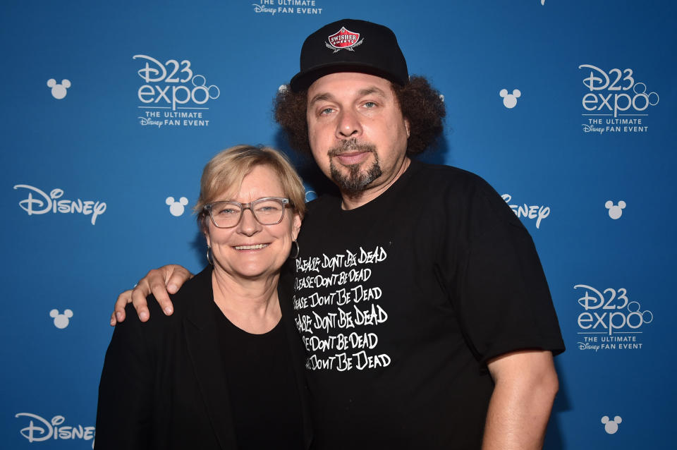 ANAHEIM, CALIFORNIA - AUGUST 23: (L-R) Director Kari Skogland and Head writer Malcolm Spellman of 'The Falcon and The Winter Soldier' took part today in the Disney+ Showcase at Disney’s D23 EXPO 2019 in Anaheim, Calif.  'The Falcon and The Winter Soldier' will stream exclusively on Disney+, which launches November 12. (Photo by Alberto E. Rodriguez/Getty Images for Disney)