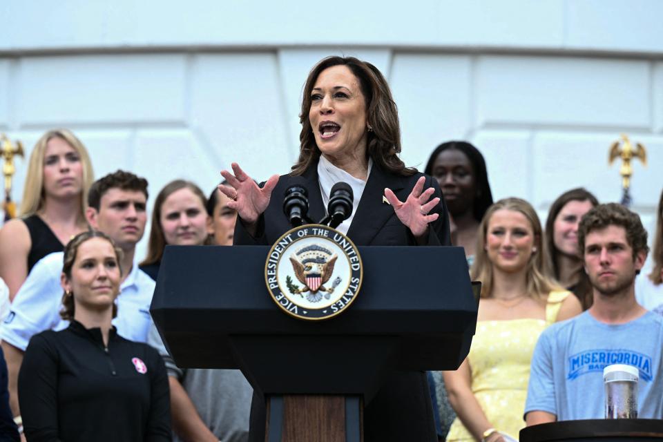 Vice President Kamala Harris celebrates NCAA championship teams at the White House on July 22, 2024.