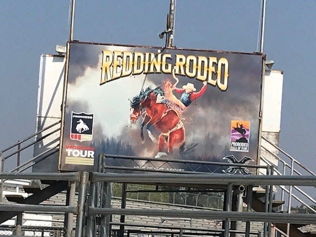 Billboard on the Redding Rodeo grounds on Sunday, Sept. 5, 2021.