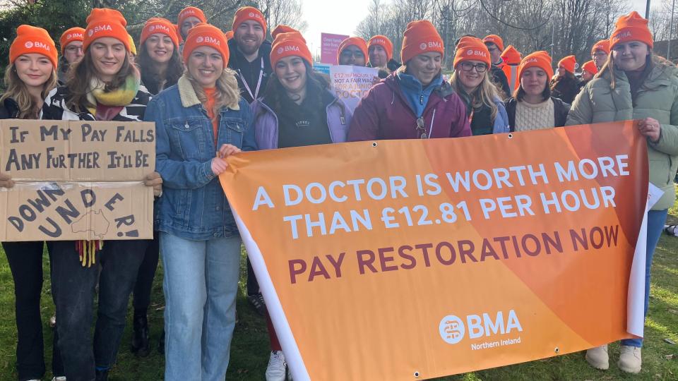 Junior doctors on a picket line in Craigavon, Northern Ireland, during a strike in 2024