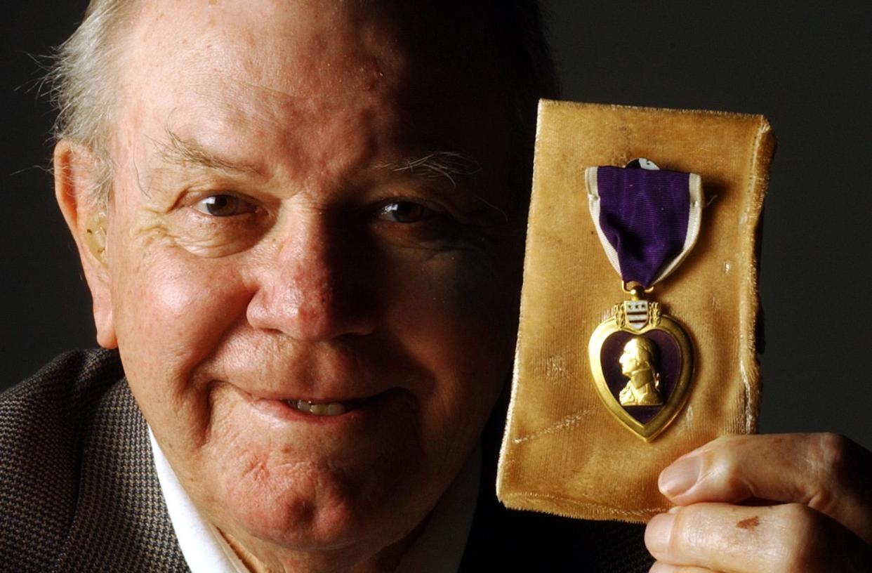 In 2002, Art Bergstrom, pictured, and other family members donated the Purple Heart earned by John A.E. "Earl" Bergstrom to Austin-Bergstrom International Airport.