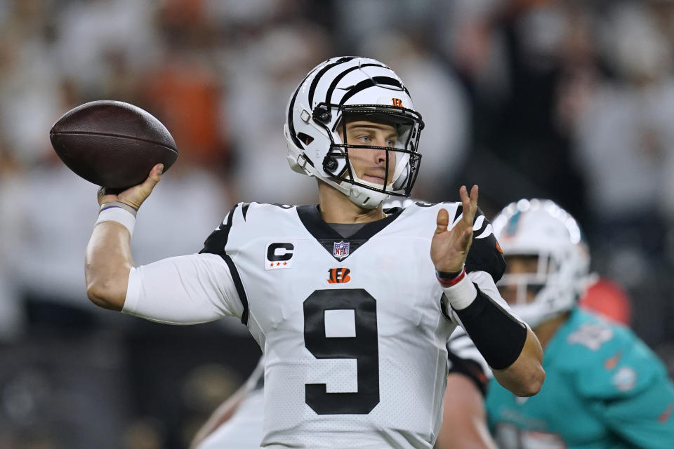 Cincinnati Bengals quarterback Joe Burrow throws a pass during the first half of the team's NFL football game against the Miami Dolphins, Thursday, Sept. 29, 2022, in Cincinnati. (AP Photo/Joshua A. Bickel)