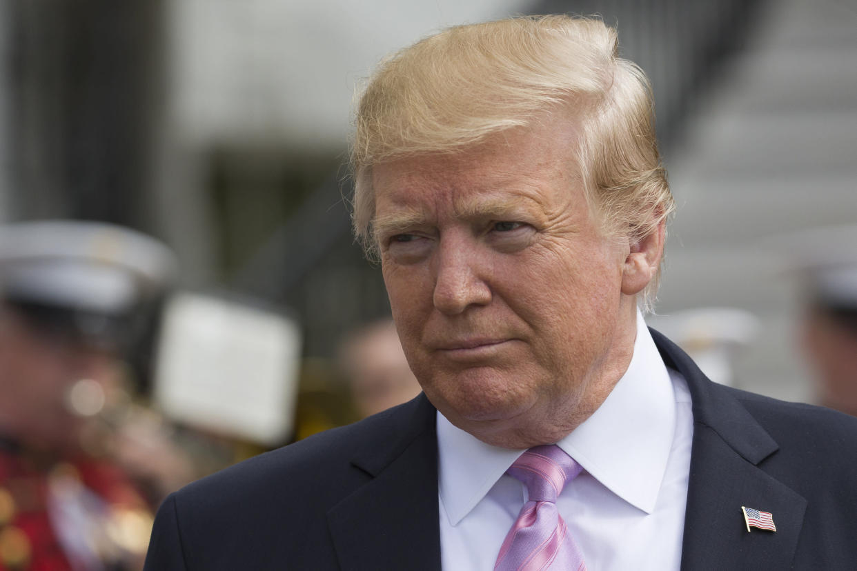 President Donald Trump walks on the South Lawn of the White House in Washington, Monday, April 22, 2019, during the annual White House Easter Egg Roll. (AP Photo/Alex Brandon)                                                                