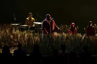 Rag'n'Bone Man performs during the Brit Awards 2021 at the O2 Arena, in London, Tuesday, May 11, 2021. (Ian West/PA via AP)