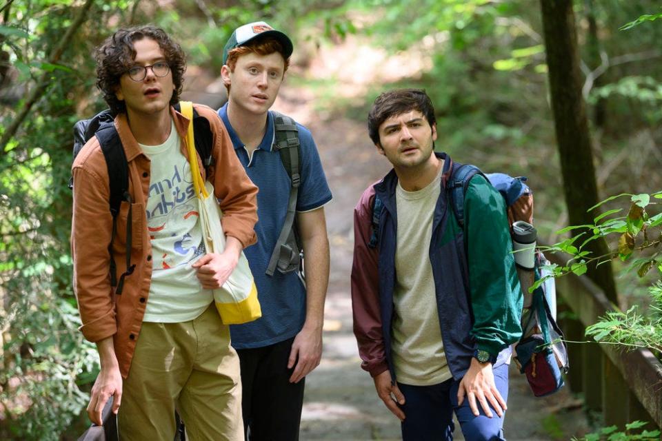 "Saturday Night Live" regulars Martin Herlihy (far left), Ben Marshall and John Higgins star as co-workers hunting for a bust of Marie Antoinette in the comedy "Please Don't Destroy: The Treasure of Foggy Mountain."