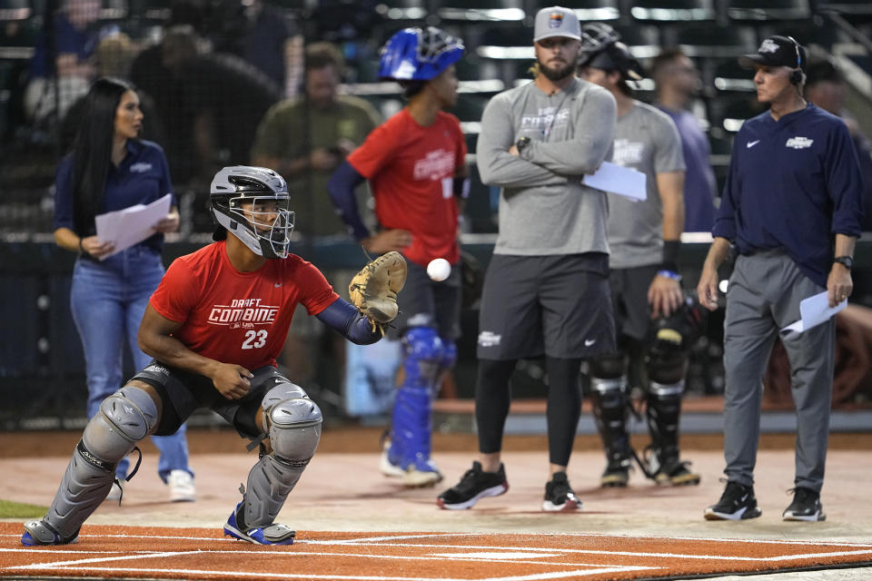 Draft prospect Zion Rose participates in the MLB baseball draft combine, Tuesday, June 20, 2023, in Phoenix. (AP Photo/Matt York)