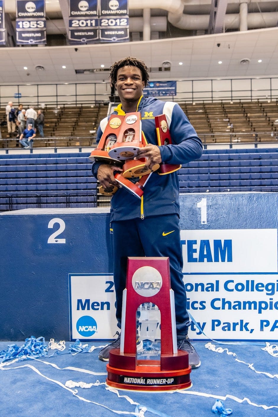 Stoughton's Frederick Richard competed as the University of Michigan men's gymnastics team earned second place in NCAA Tournament at Rec Hall in State College, PA on April 15, 2023.