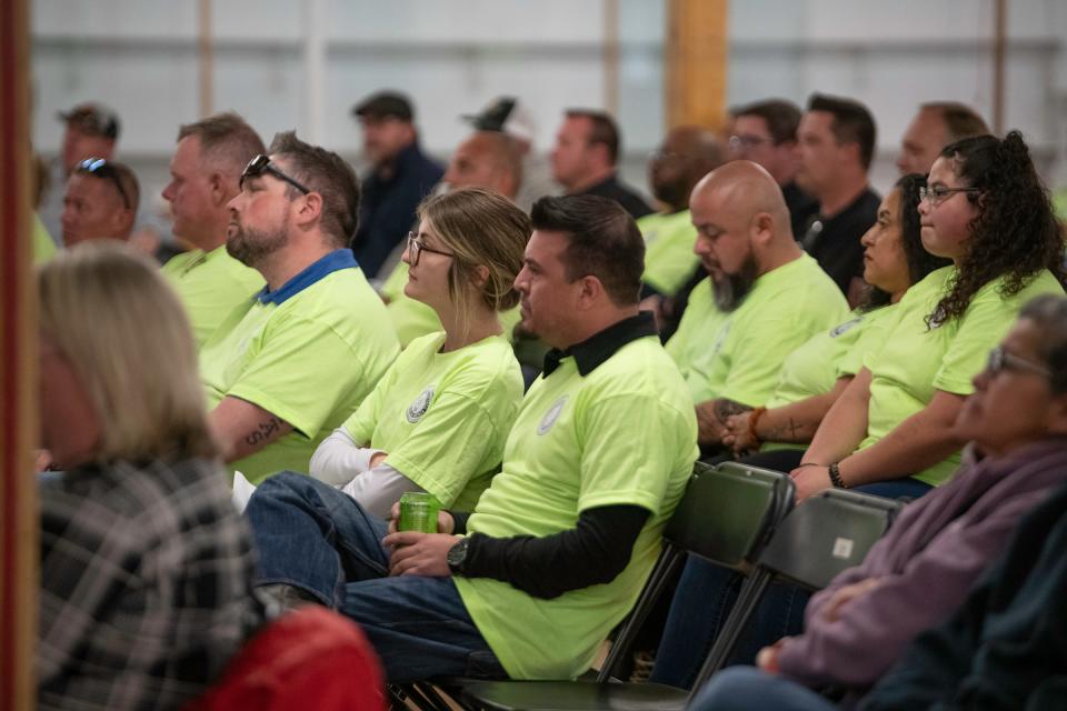 Union members listen to a presentation during a town hall meeting regarding the future of nuclear energy in Pueblo on Wednesday, March 27, 2024.