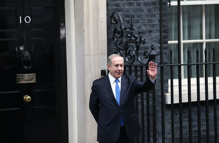 Israel's Prime Minister Benjamin Netanyahu stands outside number 10 Downing Street as he arrives to visit Britain's Prime Minister Theresa May in London, Britain February 6, 2017. REUTERS/Neil Hall