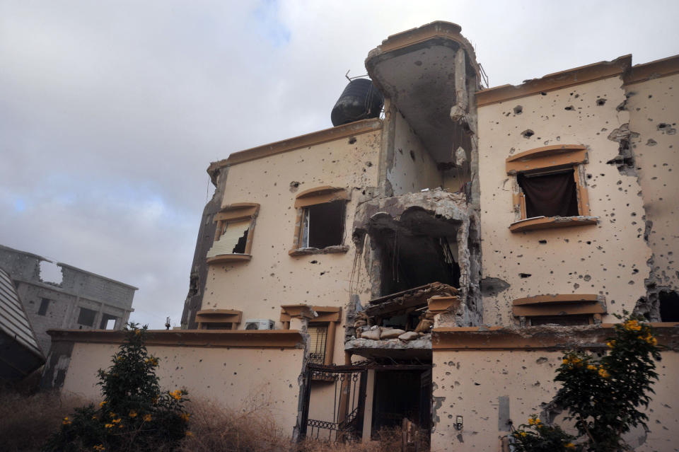 A damaged building located just west of Benghazi, Libya. (Photo: Mohammed el-Shaiky/AP)