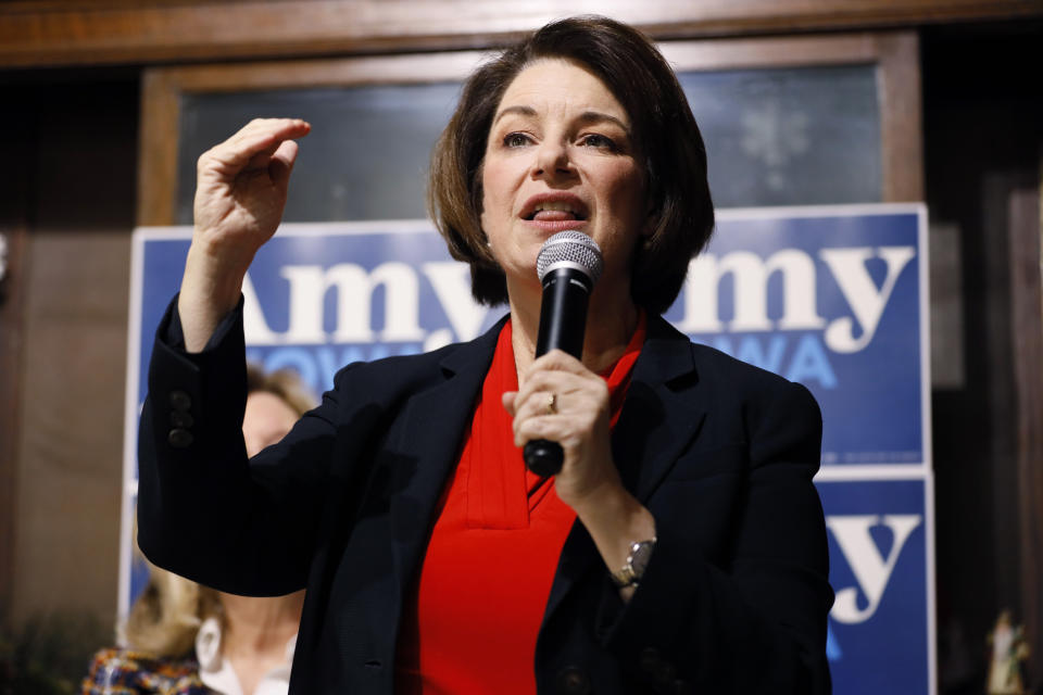 Democratic presidential candidate Sen. Amy Klobuchar, D-Minn., speaks during a stop at the Corner Sundry, Friday, Dec. 6, 2019, in Indianola, Iowa. (AP Photo/Charlie Neibergall)