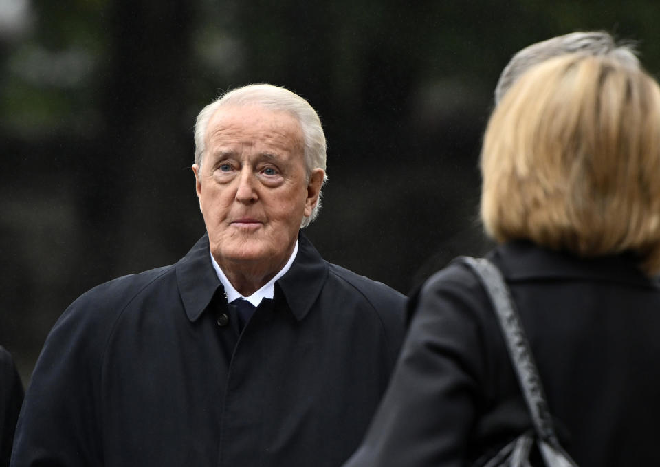 FILE - Former Prime Minister Brian Mulroney arrives at Christ Church Cathedral for the National Commemorative Ceremony in honor of Queen Elizabeth II, in Ottawa, Ontario, Monday, Sept. 19, 2022. Mulroney has died at the age of 84, his daughter Caroline Mulroney posted on social media, Thursday, Feb. 29, 2024. (Justin Tang/The Canadian Press via AP, File)