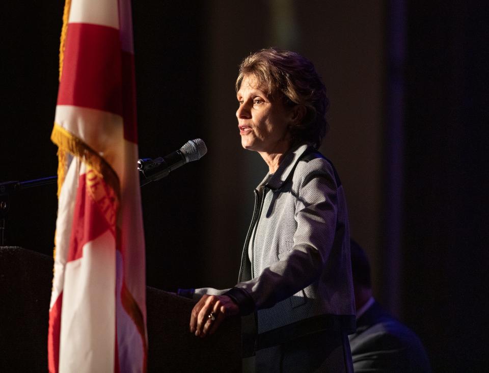 Laura Hawley speaks during the 2023 Allen & Company of Florida, LLC, and the Lakeland Chamber of Commerce Economic Forecast Breakfast 2023 at the RP Funding Center in Lakeland Fl  Thursday January 19,2023.Ernst Peters/The Ledger