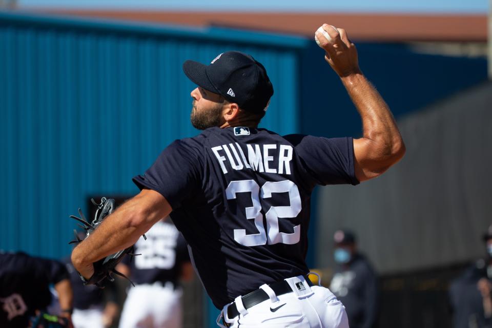 Tigers pitcher Michael Fulmer throws during a bullpen session at Joker Marchant Stadium in Lakeland, Florida, on Saturday, Feb. 20, 2021.